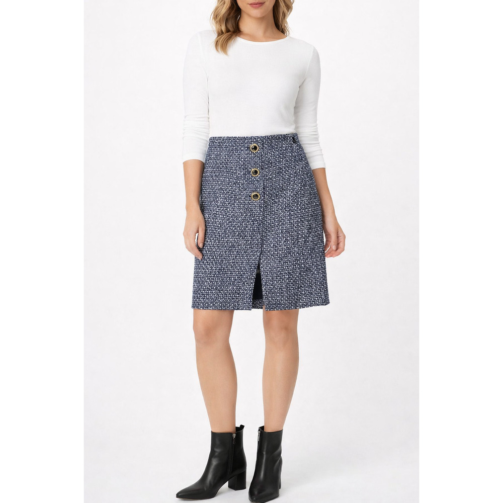 St. John Knit Tweed Skirt Blue Black Size 8 NWT Gold Button Luxury